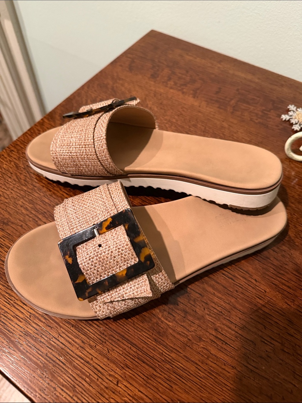 Catherine Malandrino Natural Raffia Slide Sandals with Tortoiseshell Buckles